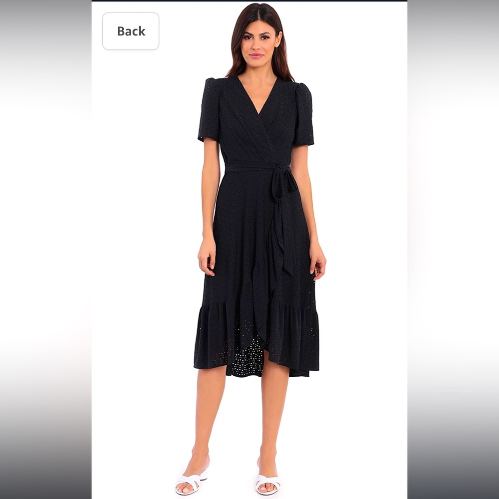 London Times Summer Jersey knit black eyelet faux wrap tulip hem midi dress